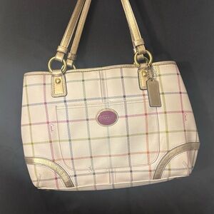 Coach Cream Plaid Canvas Tote with Gold Trim and Multicolor Stripes